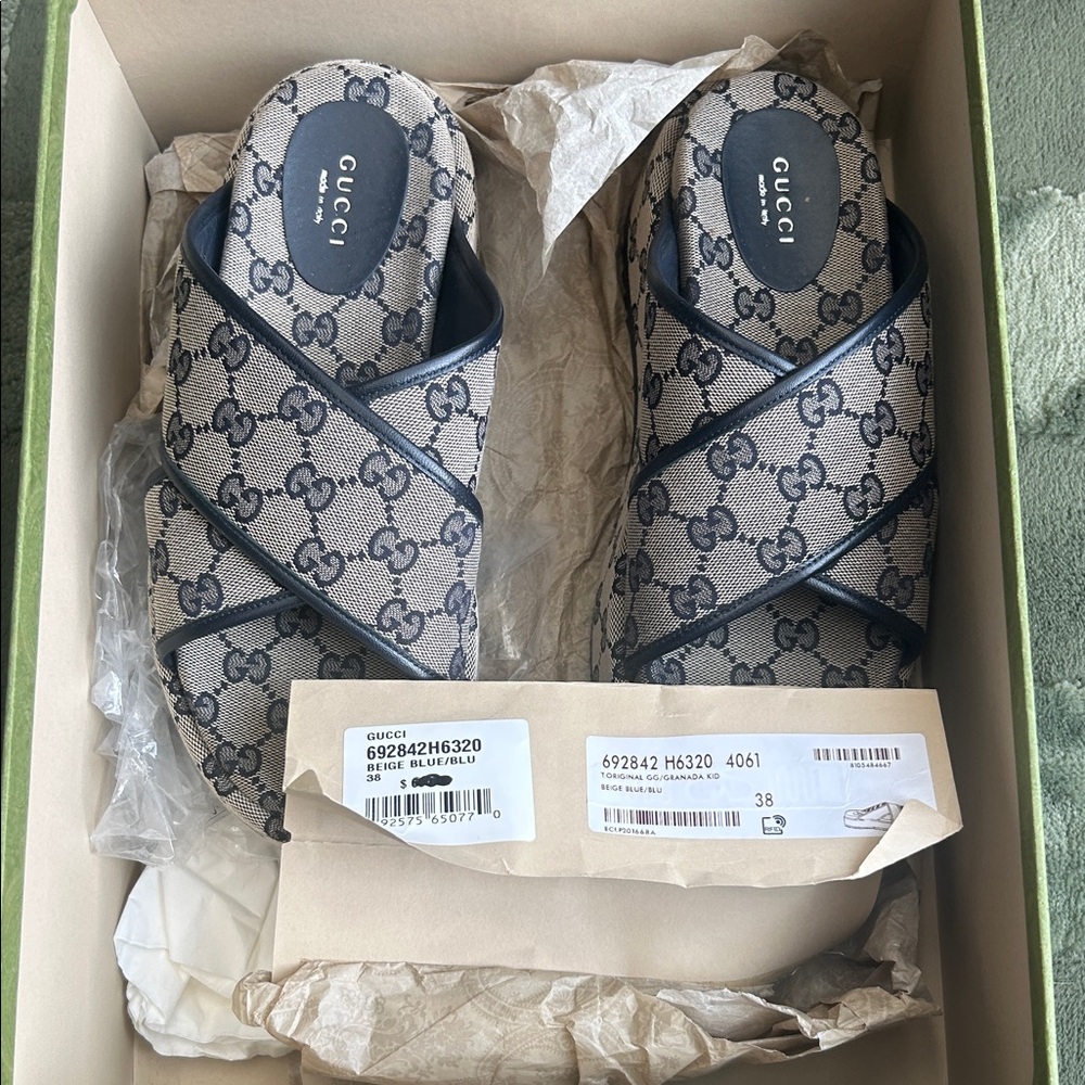 Gucci Beige and Black Monogram Slides